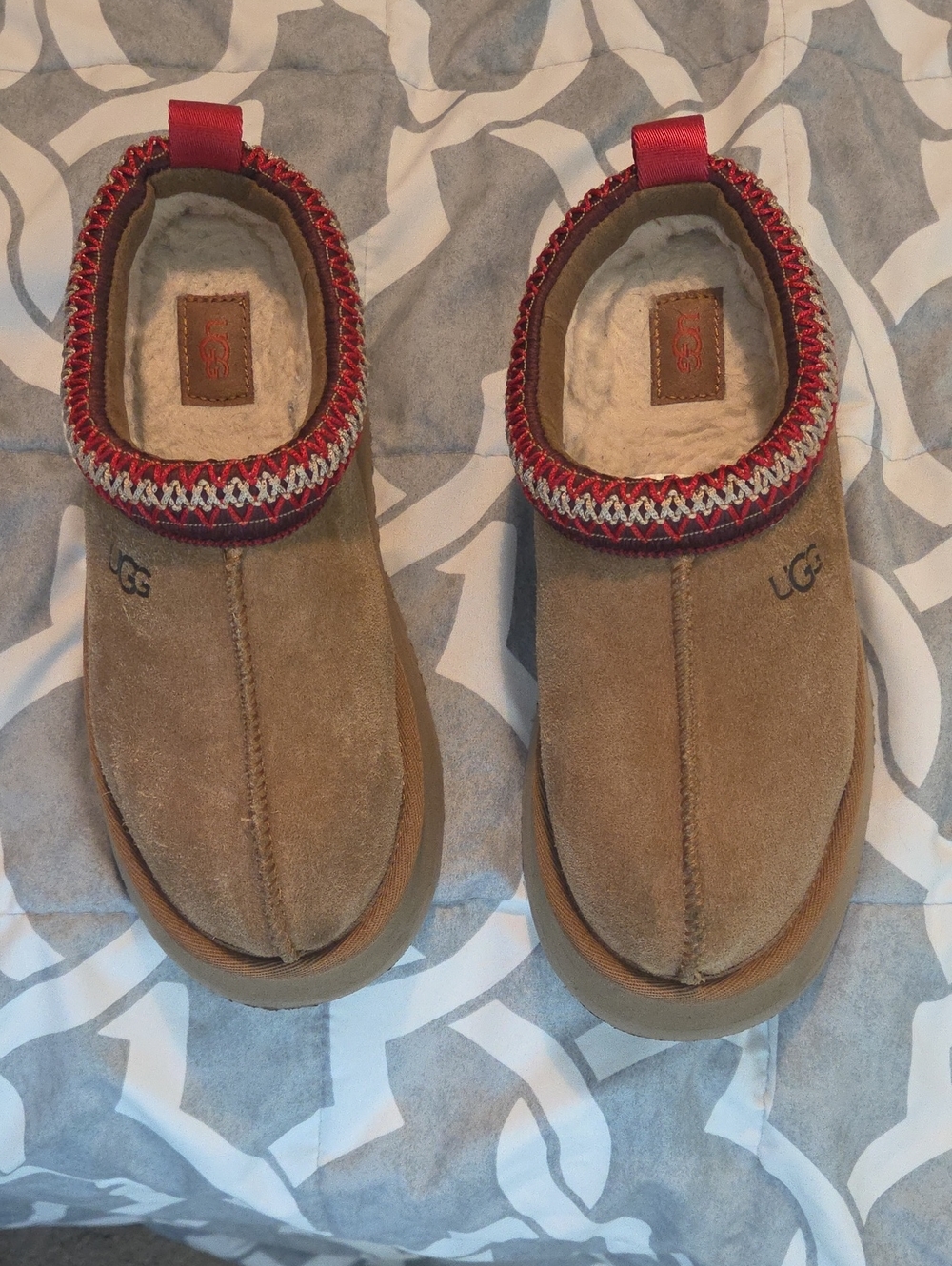UGG Tan Suede Slip-On Slippers with Red Trim-Women's Size 5